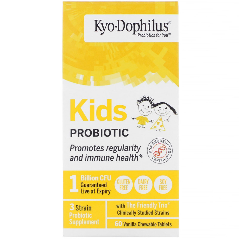 Kyolic, Детский Kyo-дофилус, жевательные таблетки с ванилью, 60 таблеток