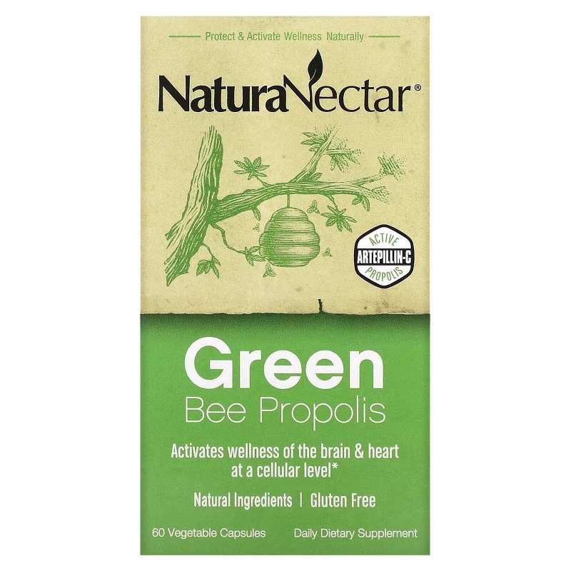NaturaNectar, Абсолютно натуральный зеленый пчелиный прополис в капсулах, для здоровья мозга и сердца,  60 вегетарианских капсул