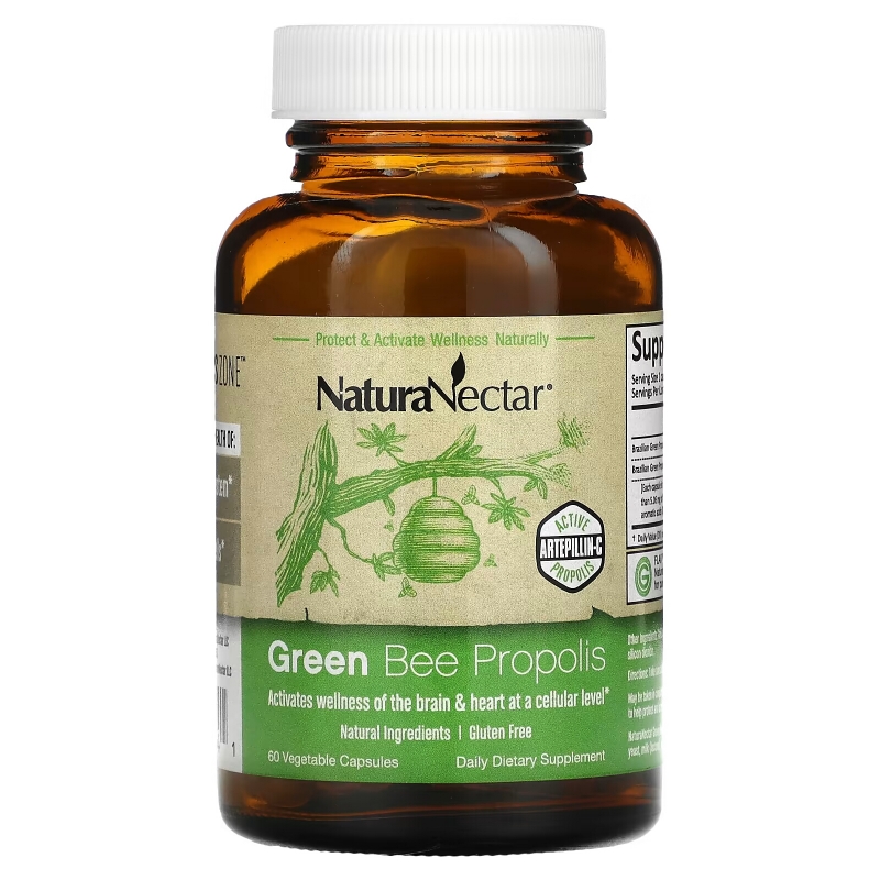 NaturaNectar, Абсолютно натуральный зеленый пчелиный прополис в капсулах, для здоровья мозга и сердца,  60 вегетарианских капсул
