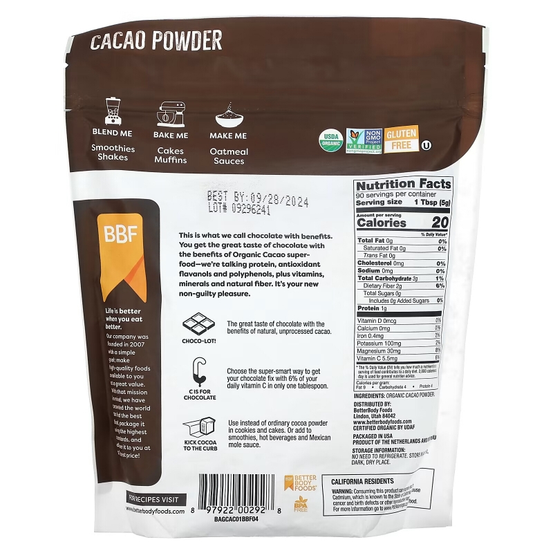 BetterBody Foods, Organic Cacao Powder, 1 lb (454 g)